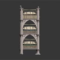 Three Tiered Elegant Display Shelf With Carved Details And Colored Cushions