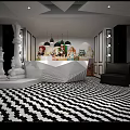 Artistic Interior Space With Black And White Checkerboard Floor Geometric Ceiling And Clock Decorations