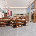 Wooden Tobacco and Liquor Store Interior with Wines Beverages Shelves Tables Seating and Decorative Painting