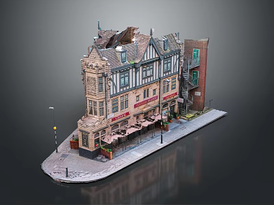 Traditional Half Timbered Building With Storefront Outdoor Seating And Red Brick Section 3d model