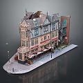 Traditional Half Timbered Building With Storefront Outdoor Seating And Red Brick Section 3d model