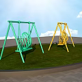 Playground Equipment With Yellow And Green Shell Shaped Swings On Green Grass Under Blue Sky