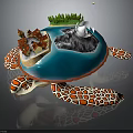 Turtle Shaped Scene Structure With Island Buildings Green Vegetation And Water Area
