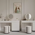 Modern Dressing Table Setup With Round Mirrors Striped Stools And Wall Painting 3d model