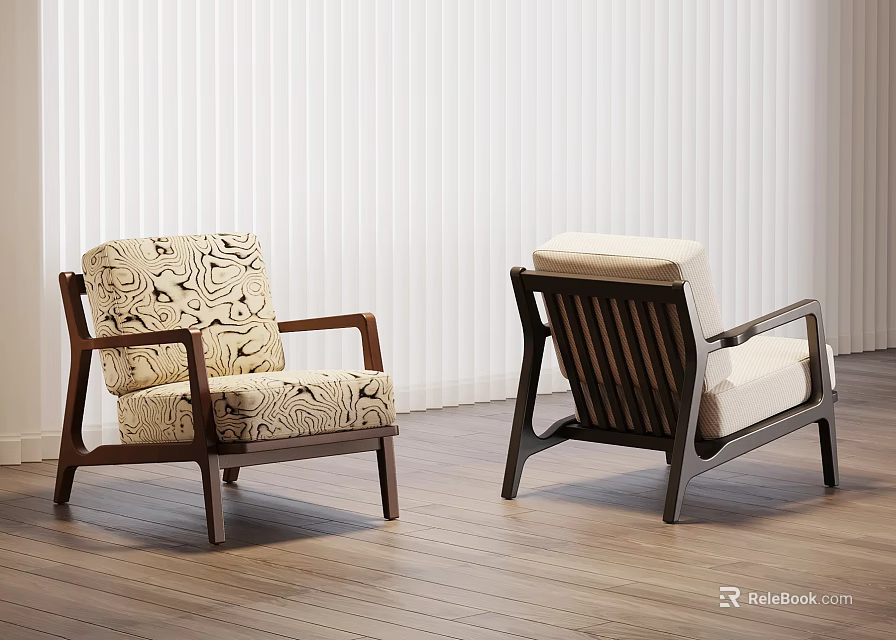 Accent Chairs with Wooden Frame Patterned Fabric Solid Cushion on Wood Floor Against White Blinds 3d model 