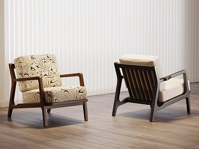 Accent Chairs with Wooden Frame Patterned Fabric Solid Cushion on Wood Floor Against White Blinds 3d model