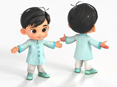 Animated Game Character Young Boy in Light Blue Traditional Outfit Arms Outstretched Front Back Views 3d model