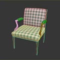 Blue And White Checkered Fabric Single Chair With Wooden Armrests And Legs