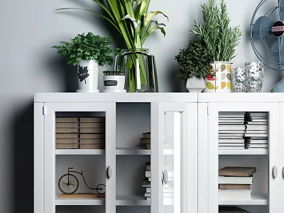 White Entryway Cabinet Sideboard With Green Plants Decorations And Storage Shelves 3d model
