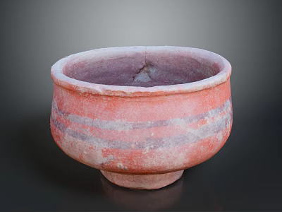 Red Clay Bowl With Gray Stripes Worn Texture And Stable Base For Daily Use 3d model