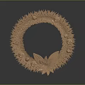 Golden Three Dimensional Plant Wreath With Leaves And Flowers On Dark Background