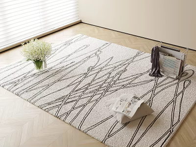 Interior Square Carpet With Abstract Black Line Pattern On Light Wooden Floor And Magazines 3d model