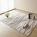 Interior Square Carpet With Abstract Black Line Pattern On Light Wooden Floor And Magazines