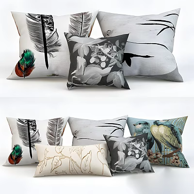 Decorative Throw Pillows With Feather Floral And Bird Patterns For Modern Home Decor 3d model
