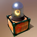Vintage Gadget With Glass Dome Yellow Ring Wooden Base Green Borders And Glowing Lines