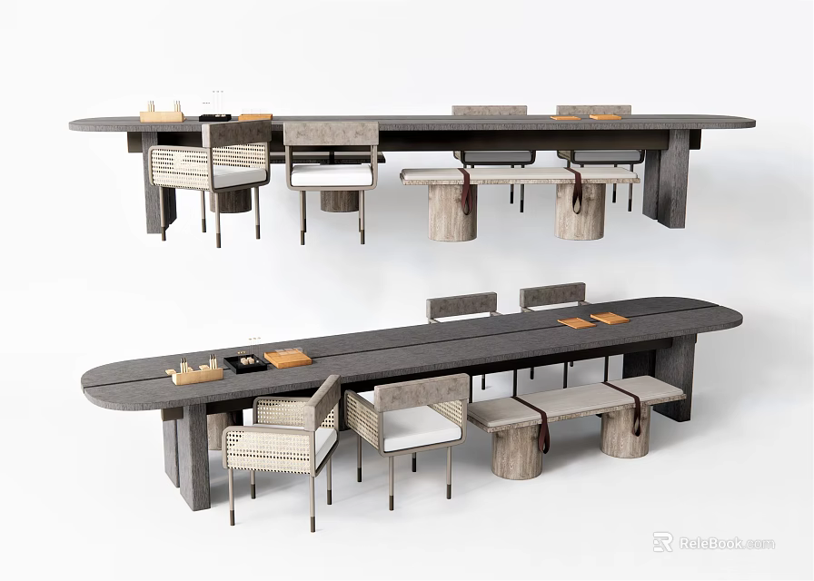 Dark Wood Rectangular Dining Table Set With Comfortable Chairs And Stools 3d model 