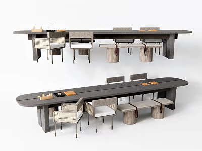 Dark Wood Rectangular Dining Table Set With Comfortable Chairs And Stools 3d model