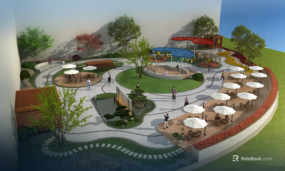 Scenic Park Landscape With Winding Pathways Green Lawns Trees And Umbrella Seating Areas 3d model 