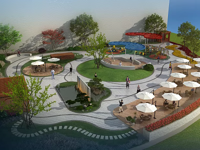 Scenic Park Landscape With Winding Pathways Green Lawns Trees And Umbrella Seating Areas 3d model