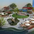 Scenic Park Landscape With Winding Pathways Green Lawns Trees And Umbrella Seating Areas