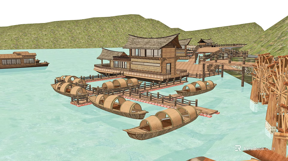 Scenic Waterfront Area With Traditional Wooden Buildings And Covered Boats Near Mountains 3d model 