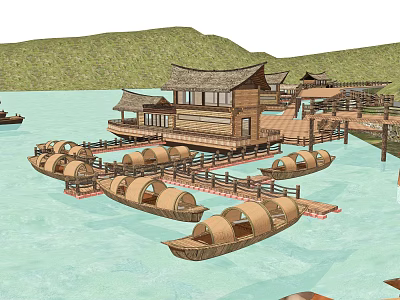 Scenic Waterfront Area With Traditional Wooden Buildings And Covered Boats Near Mountains 3d model