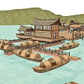 Scenic Waterfront Area With Traditional Wooden Buildings And Covered Boats Near Mountains