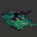 Cartoon Fantasy Scene With Purple Tree Pink Leaves And Glowing Sparkles On Green Floating Platform
