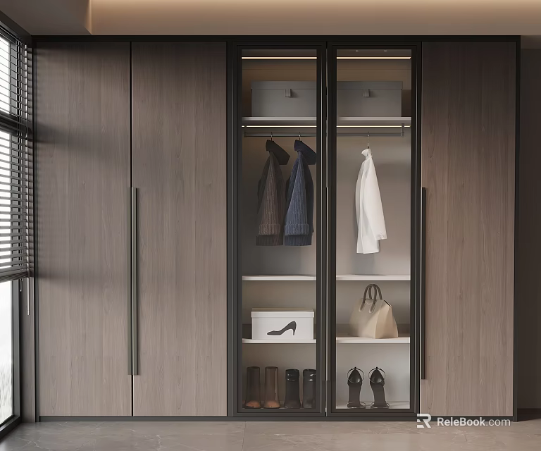 Modern Wooden Wardrobe With Glass Doors Hanging Clothes Bags And Shoes 3d model 