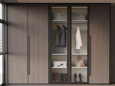 Modern Wooden Wardrobe With Glass Doors Hanging Clothes Bags And Shoes 3d model