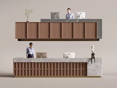 Modern Front Reception Desk Area With Wooden Stone Counter Computers And Decorative Plant Sculpture 3d model