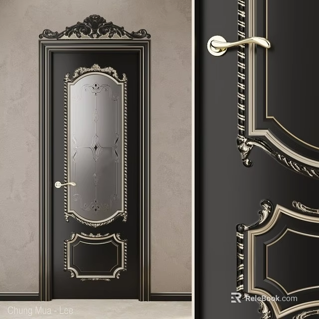 Elegant Black Swing Door With Gold Ornate Details And Glass Panel 3d model 