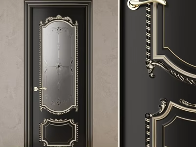 Elegant Black Swing Door With Gold Ornate Details And Glass Panel 3d model