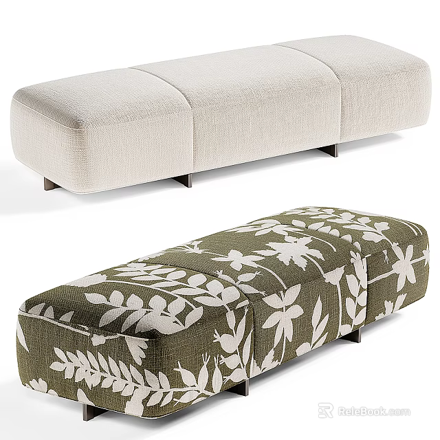 Upholstered Sofa Bench With Light Beige Solid Color And Dark Green Leaf Pattern Design 3d model