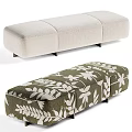 Upholstered Sofa Bench With Light Beige Solid Color And Dark Green Leaf Pattern Design 3d model