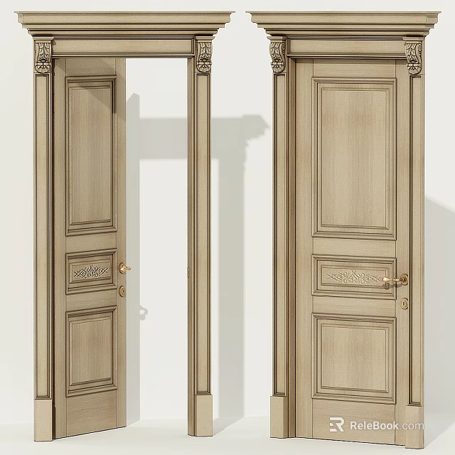 Classical Style Wooden Hinged Doors With Decorative Carvings And Pilaster Frames 3d model 