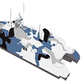 Blue And White Camouflage Catamaran Warship With Radar Systems Antennas And Deck Equipment