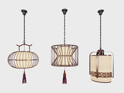 Traditional Chinese Style Lantern Chandeliers Featuring Openwork Frames And Hanging Tassels 3d model