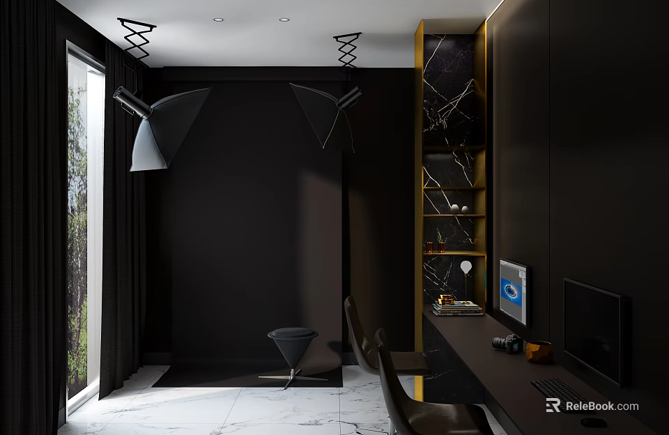 Modern Mall Retail Store Interior With Black Walls Yellow Shelves And Workstation 3d model 