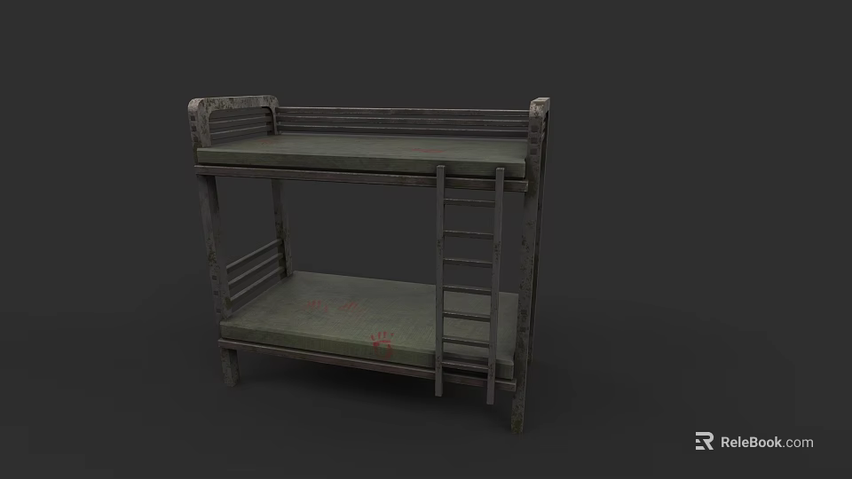 Bunk Bed With Metal Frame Ladder And Green Mattress Simple Design 3d model 