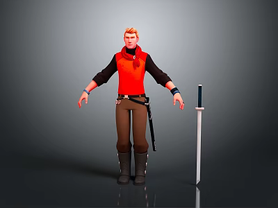 3D Blonde Male Character in Red Vest Black Shirt Brown Pants with Sword Standing 3d model