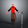 3D Blonde Male Character in Red Vest Black Shirt Brown Pants with Sword Standing