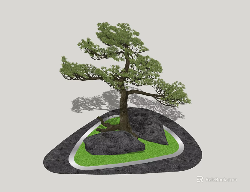 Pine Tree With Large Rocks And Green Grass In Decorative Landscape Setting 3d model 