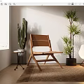 Natural Wooden Folding Lounge Chair With Green Plants Small Side Table And Woven Rug