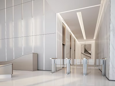 Modern Elevator Lobby Design With Marble Walls Recessed Lighting And Metal Accents 3d model