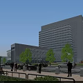 Modern Glass Curtain Wall Office Building in Urban Area with Trees Pedestrians and Cars