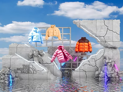 The North Face Blue Yellow Pink Orange Puffer Jackets Window Display With Clouds And Water 3d model