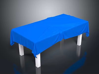 Blue Tablecloth Covered Table With White Legs Against Dark Background Surface 3d model