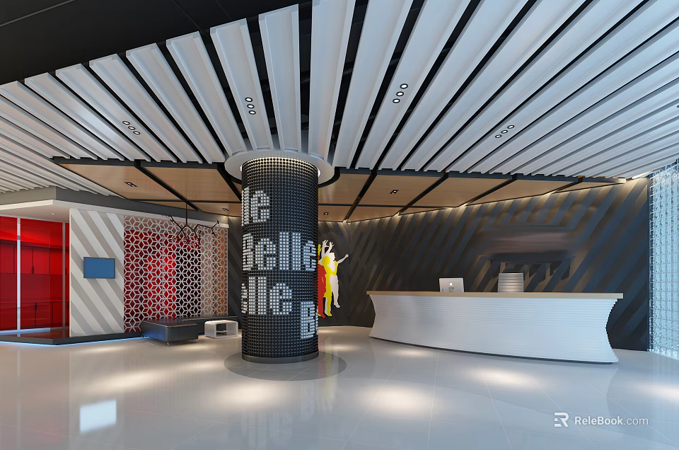 Modern Reception Area With White Desk Decorative Black Pillar And Modern Ceiling Design 3d model 
