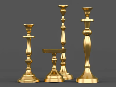 Set Of Four Golden Elegant Candlesticks With Various Heights And Designs 3d model